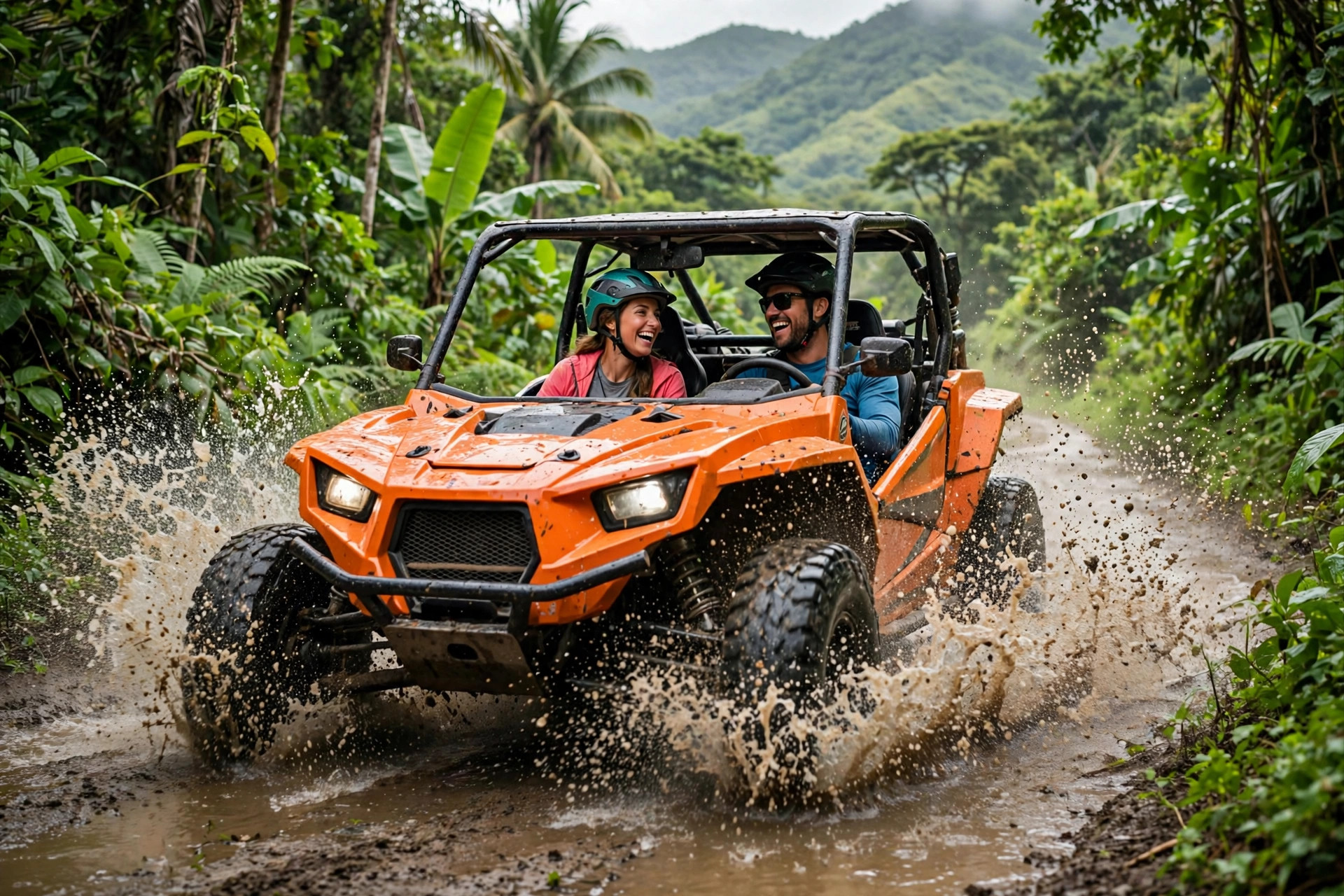 Vista ilustrativa de un buggy atravesando un sendero tropical con lodo